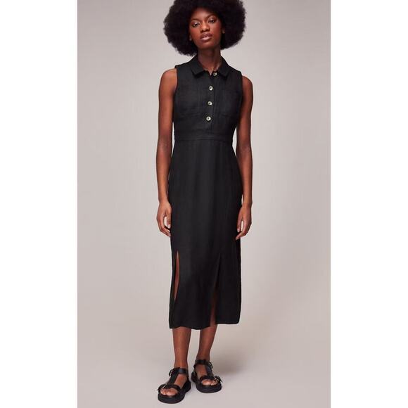 Whistles Black Molly Linen Midi Dress Womens 6 Minimalist Quiet Luxury Old Money - Picture 1 of 13